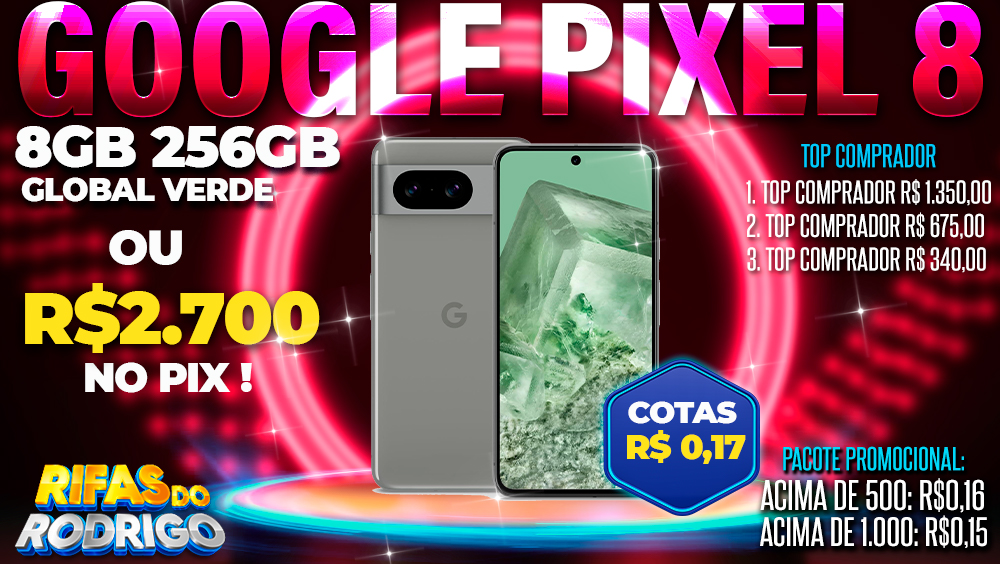 GOOGLE PIXEL 8 8GB 256GB VERDE OU R$2.700 NO PIX! TOP COMPRADORES: 1.R$1.350 2.R$675 3.R$340