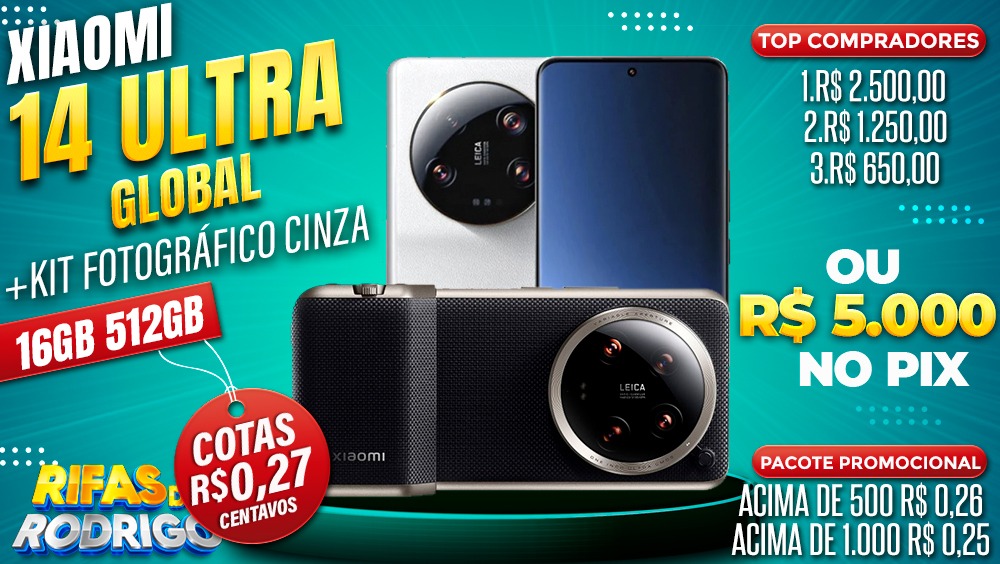 XIAOMI 14 ULTRA 16GB 512GB BRANCO VERSAO GLOBAL + KIT FOTOGRAFICO OU R$5.000 NO PIX! TOP COMPRADORES: 1.R$2.500 2.R$1.250 3.R$650