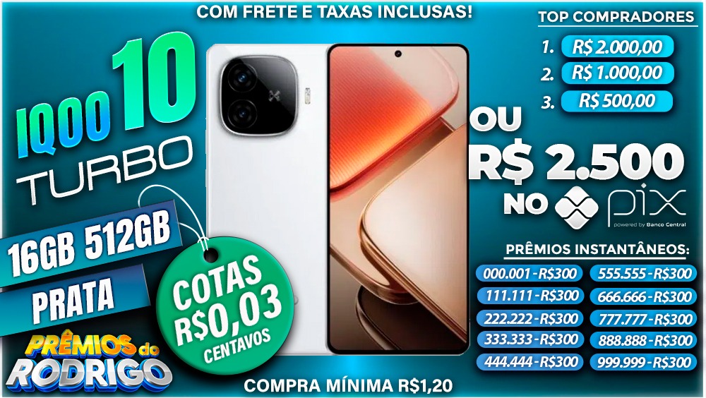 IQOO Z10 TURBO 16GB 512GB PRATA COM FRETE E TAXAS INCLUSAS, OU R$2.500 NO PIX!