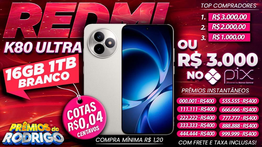 REDMI K80 ULTRA 16GB 1TB BRANCO COM FRETE E TAXAS INCLUSAS. OU R$3.000 NO PIX!
